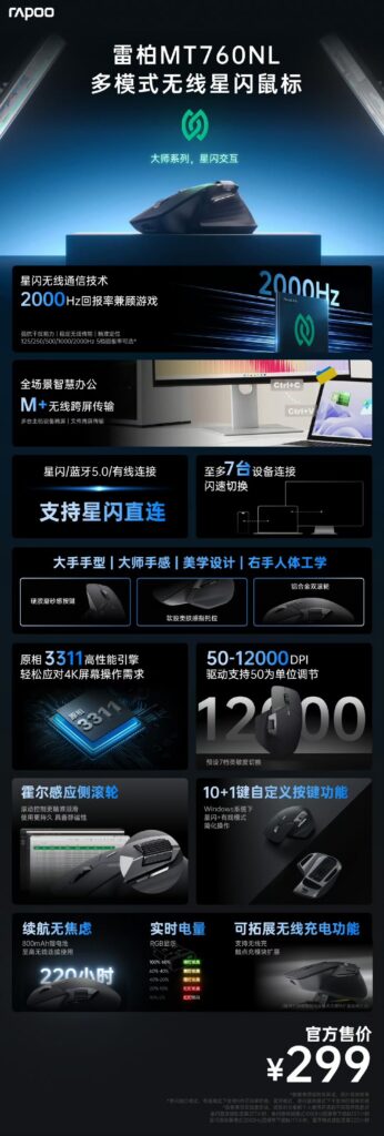 雷柏MT760NL多模式无线星闪鼠标发布，支持跨屏传输与设备直连-个人笔记