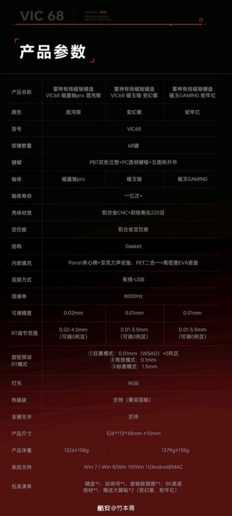 雷神VIC68有线磁轴键盘预约开启，首发价399元起-个人笔记